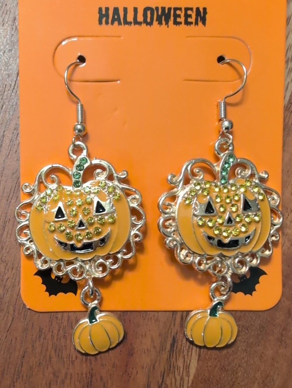 Halloween Pumpkin Dangle Earrings - Orange with Green Accents